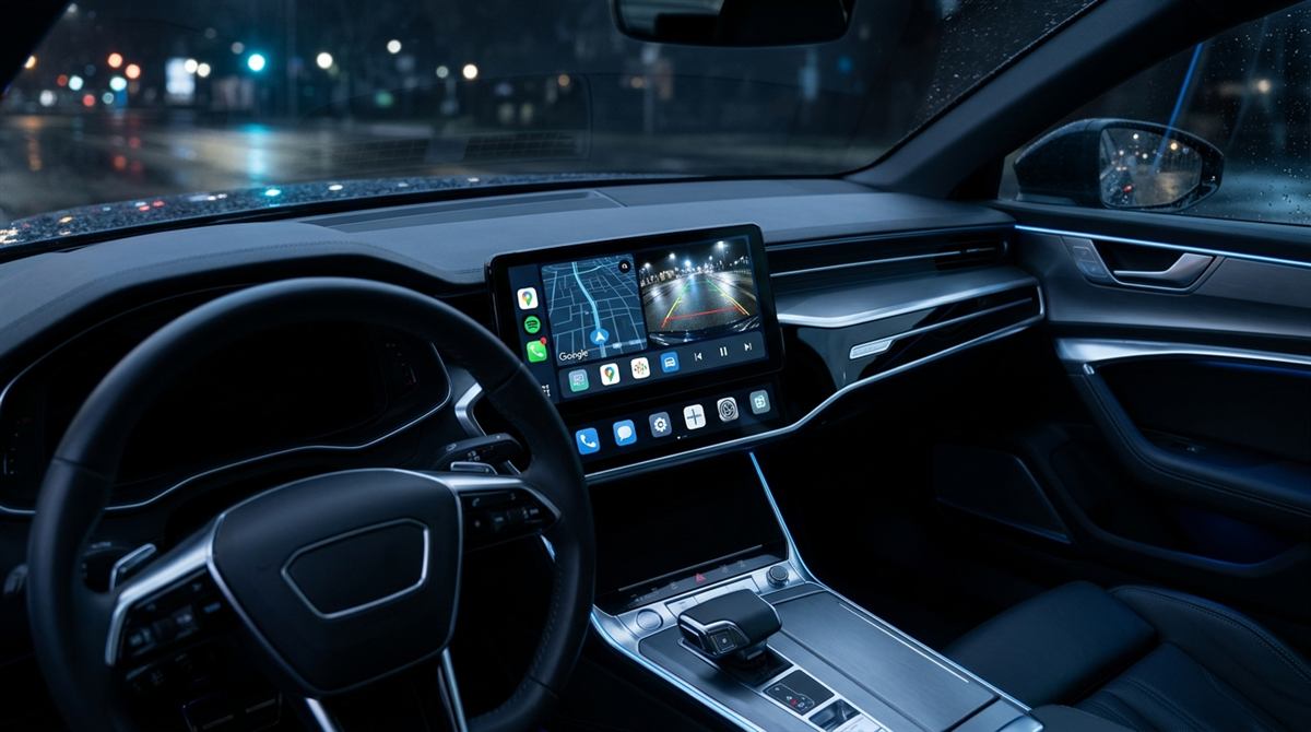 Android touchscreen radio showing navigation, music and app icons